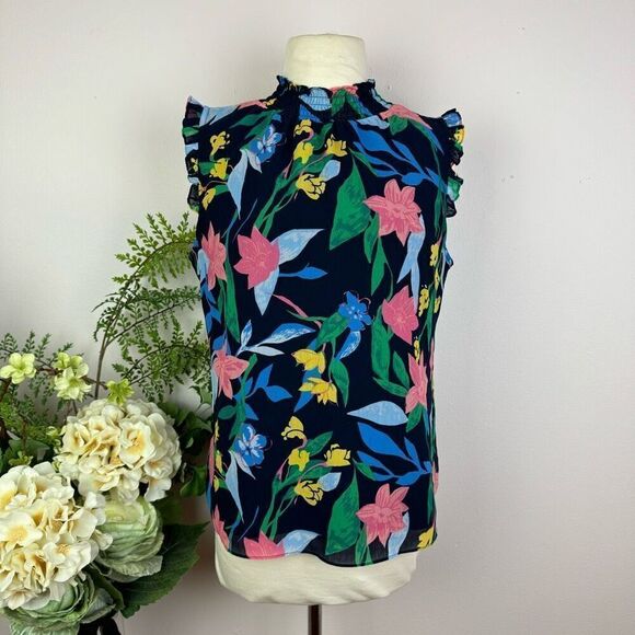 J. CREW factory blouse | Floral mockneck tank top | size 4 | navy | sleeveless - Picture 1 of 10